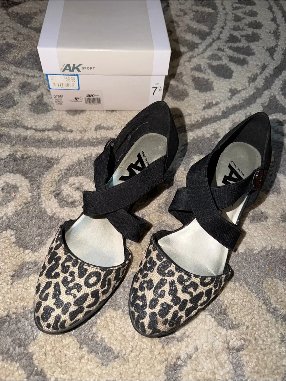 Anne Klein Leopard Print Pointed Flats with Black Crisscross Straps